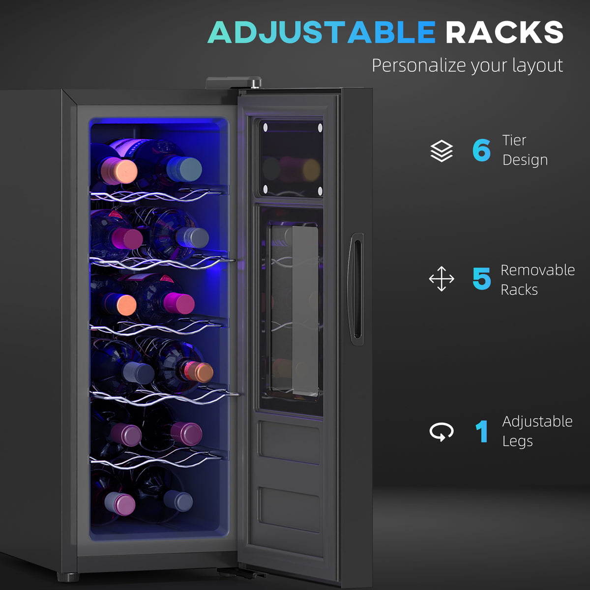 Wine Fridge, 12 Bottle, Under Counter Drinks Beer Wine Cooler with Glass Door, LED Light, Temperature Control
