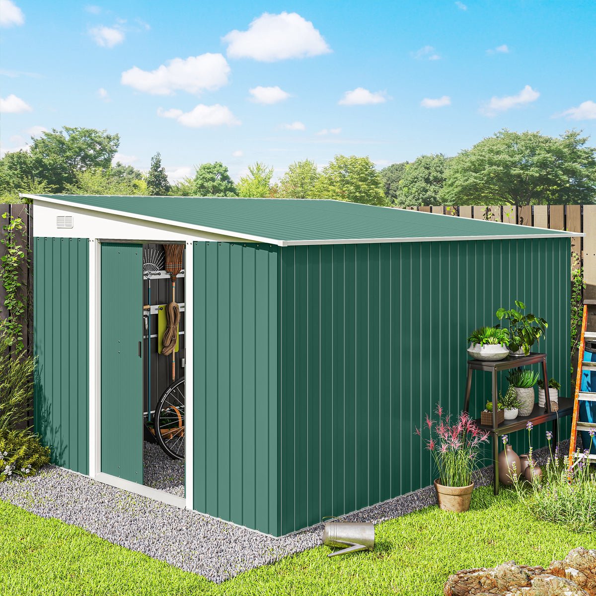 11' x 9' Steel Garden Storage Shed, Outdoor Metal Tool House with Double Sliding Doors & 2 Air Vents, Grey – view 21