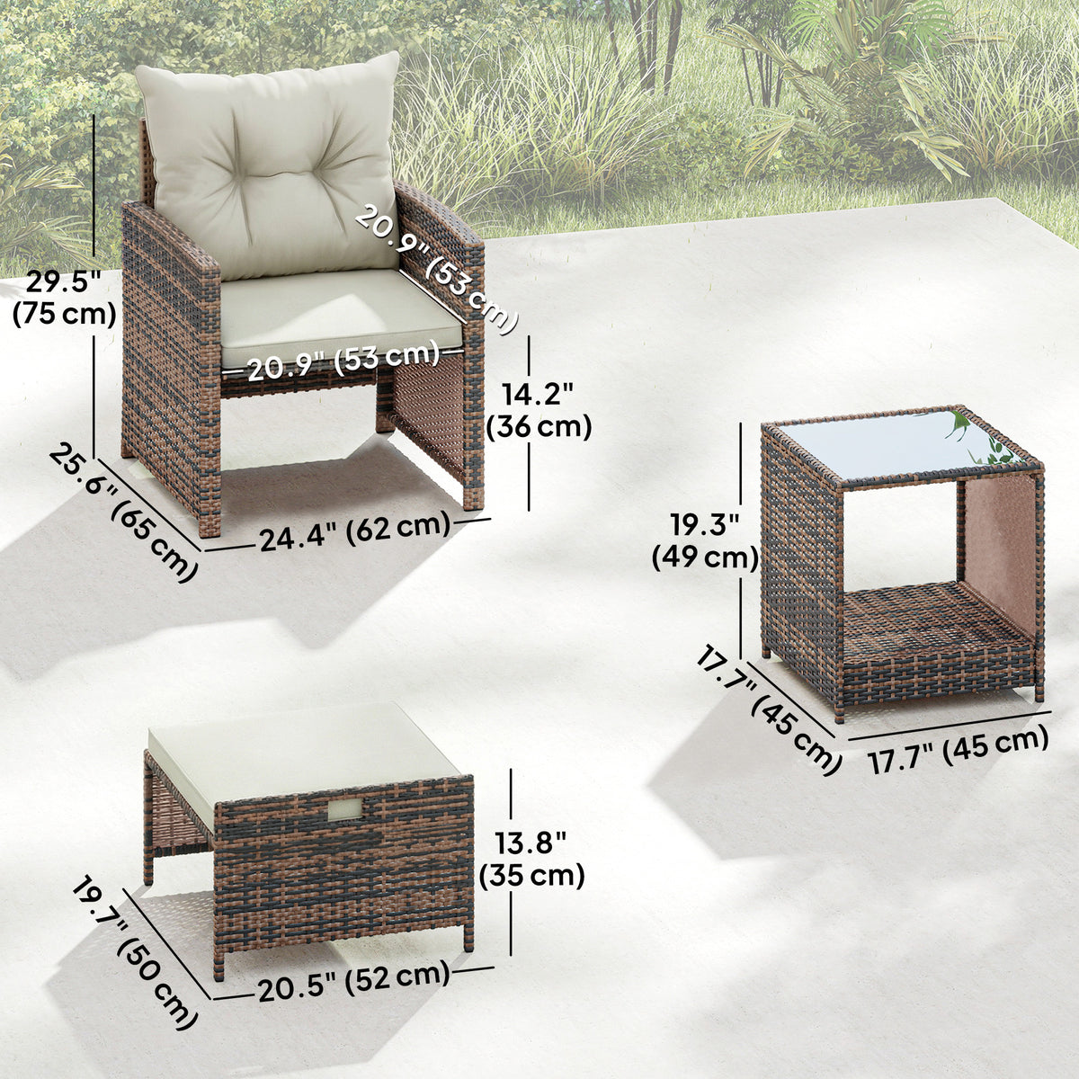 5 Piece Patio Furniture Set, Wicker Patio Chairs with Ottomans, 2-Tier Glass Coffee Table and Cushions – view 23