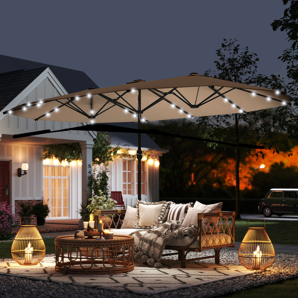 174" Double-Sided Sun Umbrella Garden Parasol Patio Sun Shade Outdoor with LED Solar Light, Khaki – view 7