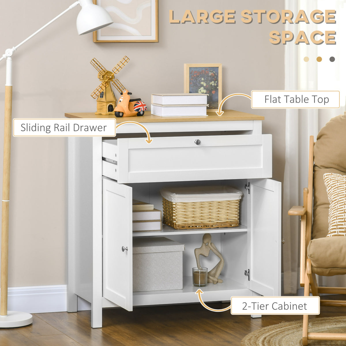 Sideboard Cabinet, Buffet Table with Drawer, Double Door Cupboard and Adjustable Shelf for Living Room, Entryway, White