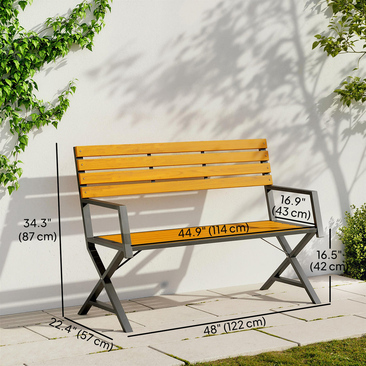 Outdoor Garden Bench, Patio Bench with Backrest and Armrests, 2-Person Garden Seating