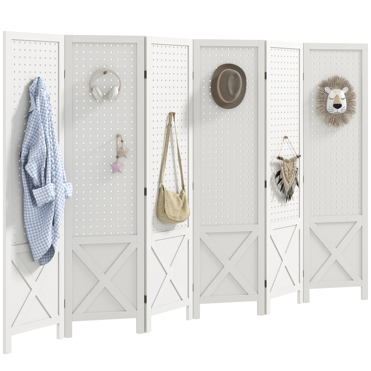 4.7' 3 Panel Wooden Room Divider with Pegboard Display, Folding Privacy Screen for Home Office, Natural – view 36