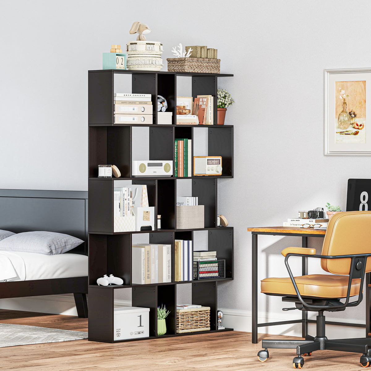 5-Tier Geometric Bookshelf, S Shaped Bookcase, Modern Freestanding Display Shelf Unit for Home Office, Black