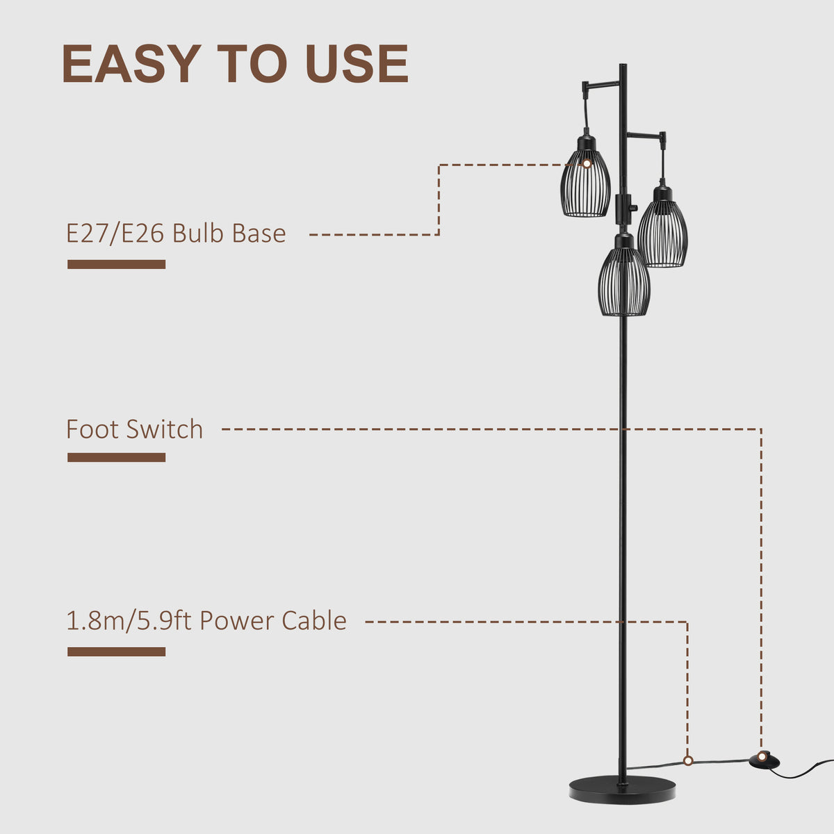 Industrial Floor Lamp with 3 Hanging Wire Lampshades, Dimmable Standing Lamp for Living Room, Bedroom – view 5