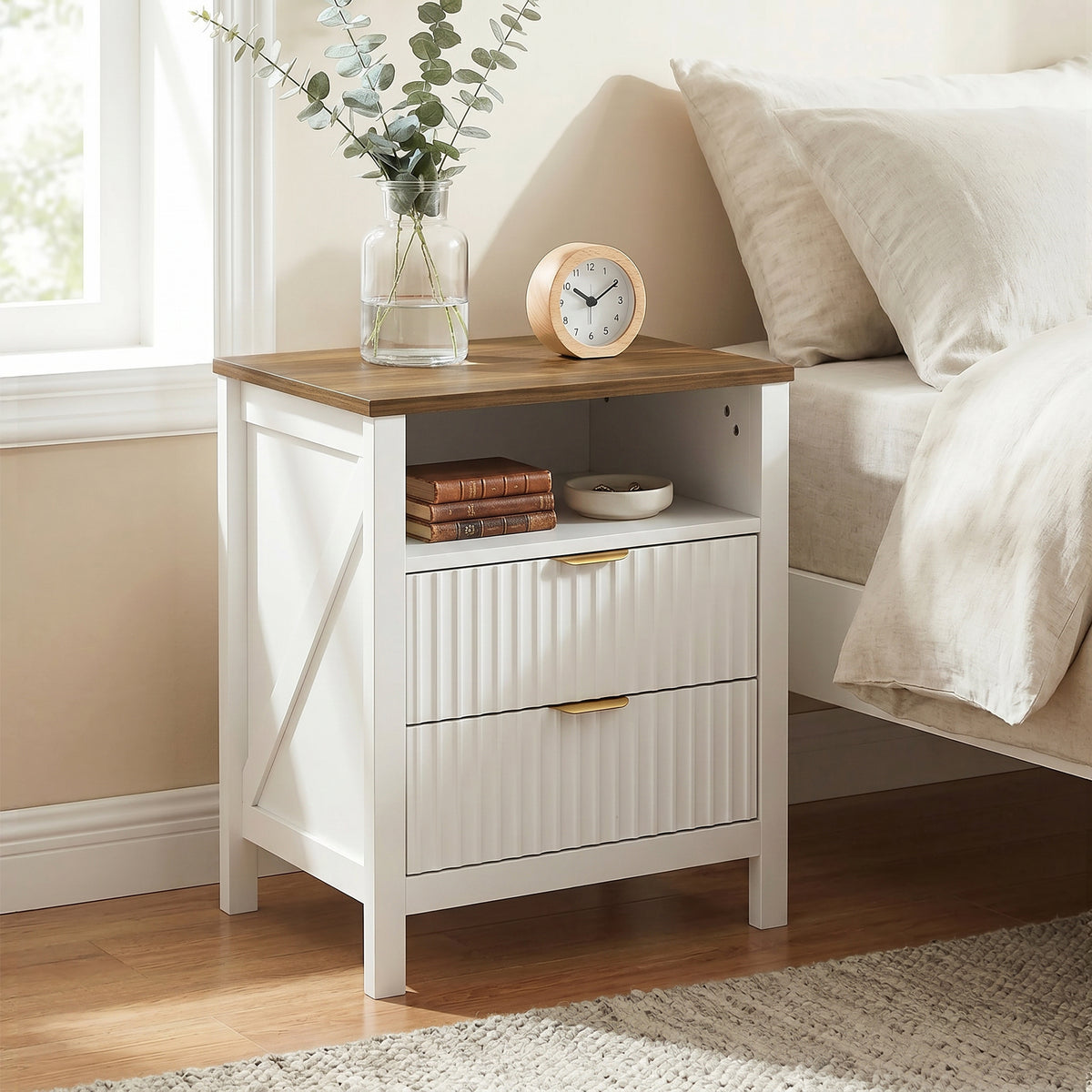 Modern Nightstand with 2 Fluted Drawers, Bedside Table with Open Storage Shelf, Anti-tipping Design, White and Walnut