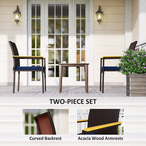 Stackable Wicker Patio Chairs Set of 2 with Removable Cushion, Armrest for Garden, Porch, Yard, Navy Blue