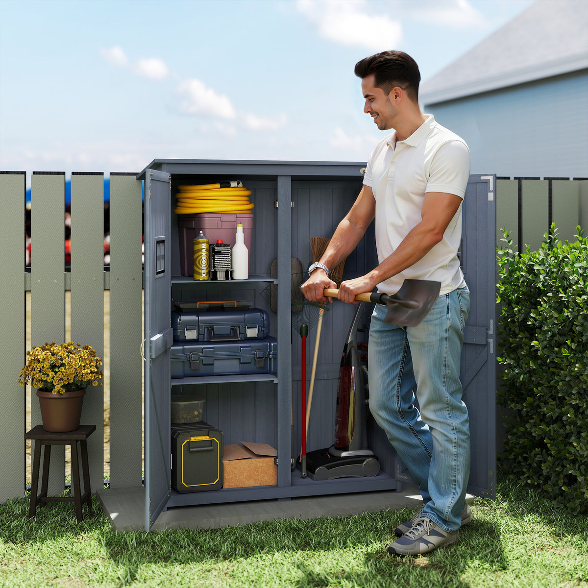 4x1.5ft Wooden Garden Storage Shed, Outdoor Tool Cabinet Organizer with Windows and Double Door, Nature Wood