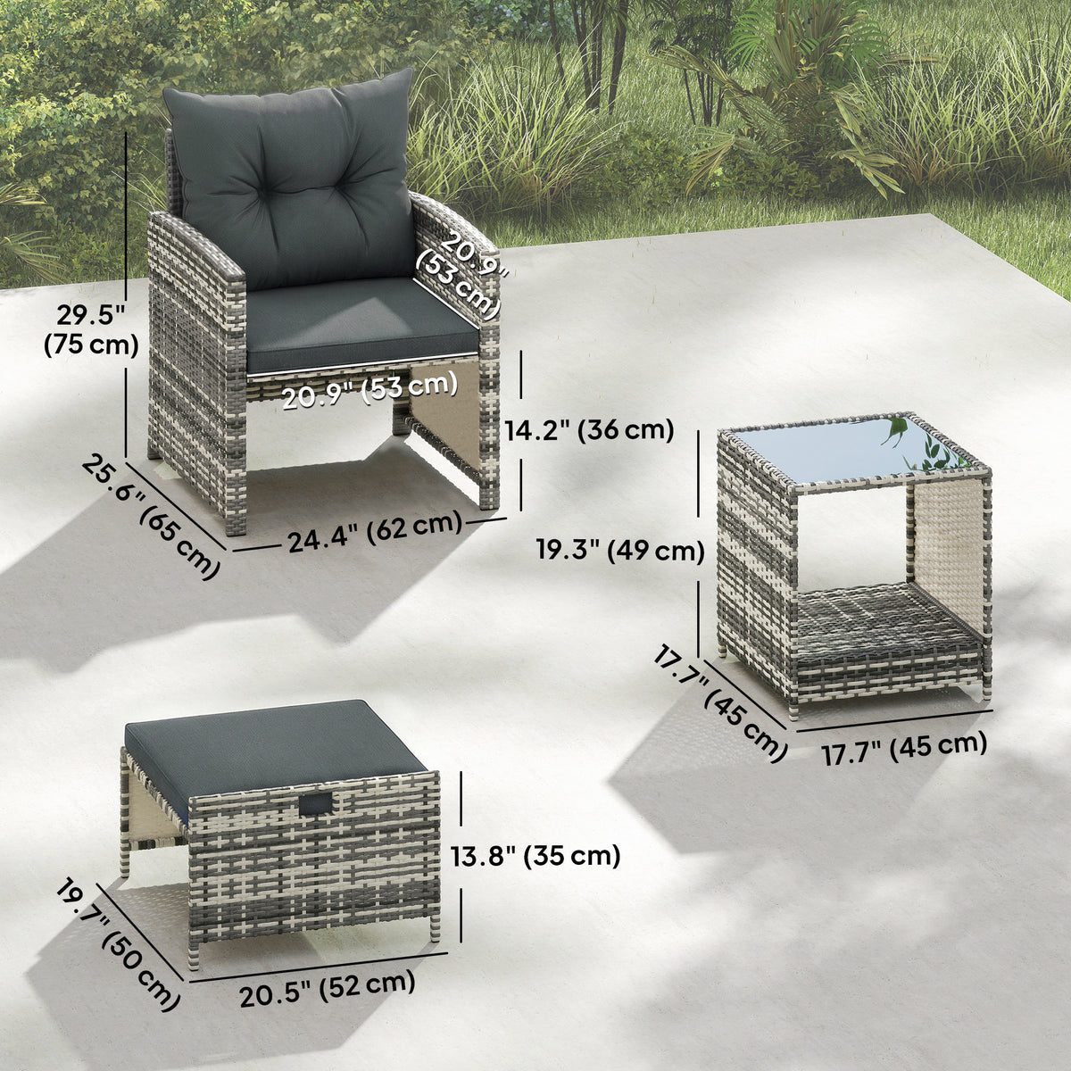 5 Piece Patio Furniture Set, Wicker Patio Chairs with Ottomans, 2-Tier Glass Coffee Table and Cushions – view 2
