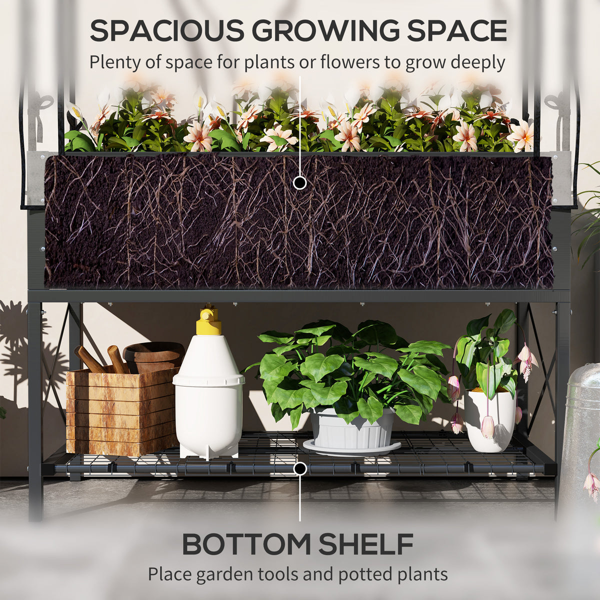 Raised Garden Bed with Cover, Metal Elevated Planter Box with Bottom Shelf and Liner, Black – view 11