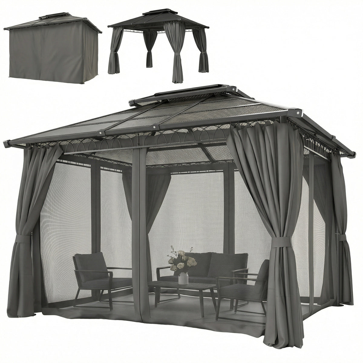 10' x 10' Outdoor Hardtop Gazebo Canopy w/ Double PC Roof, Steel Frame, Nettings – view 22