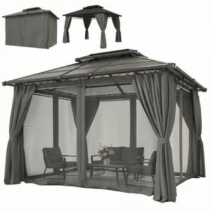 10' x 10' Outdoor Hardtop Gazebo Canopy w/ Double PC Roof, Steel Frame, Nettings – view 22