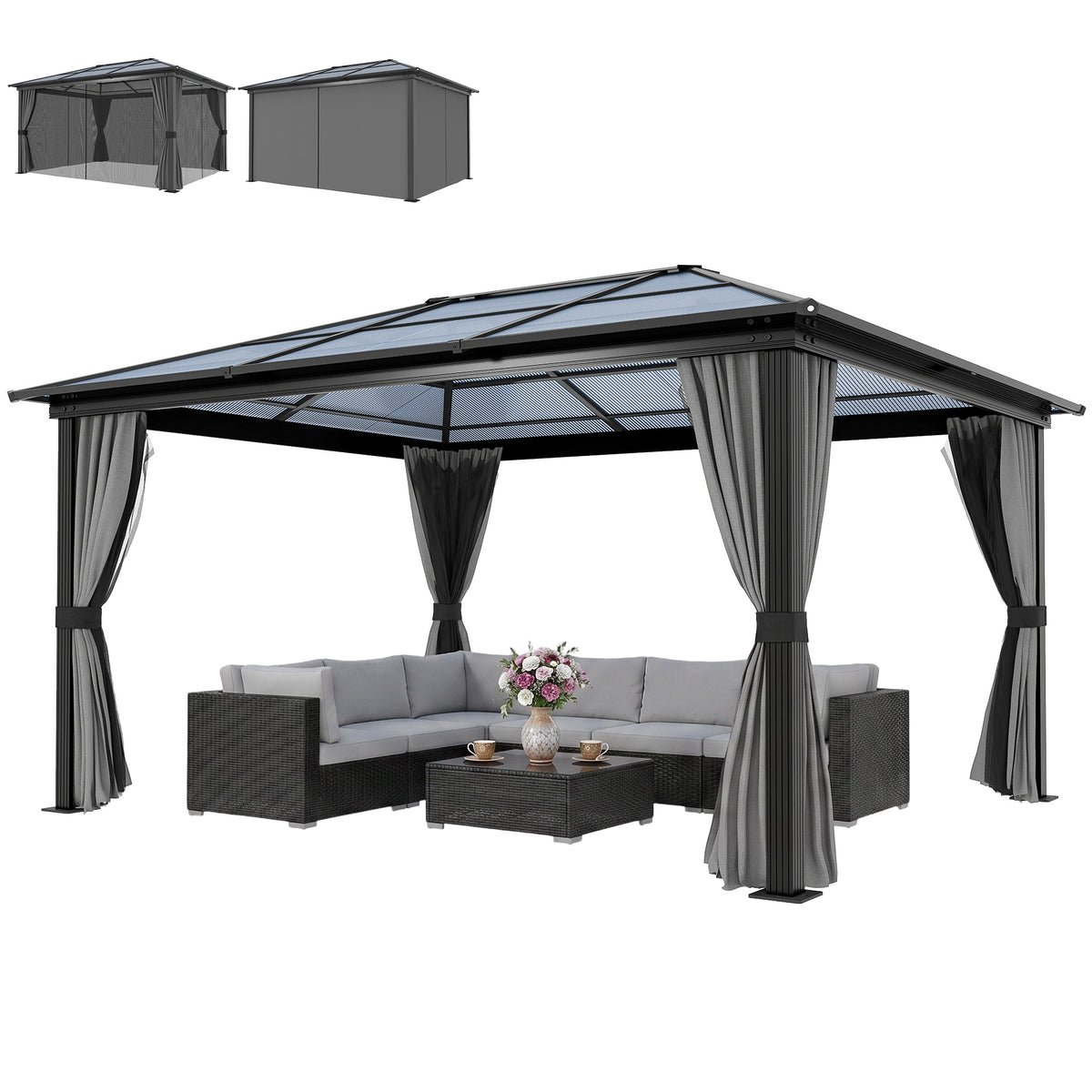 12' x 15' Hardtop Gazebo Canopy with Polycarbonate Roof, Aluminum Frame, Netting, Curtains and Ceiling Hook, Dark Grey