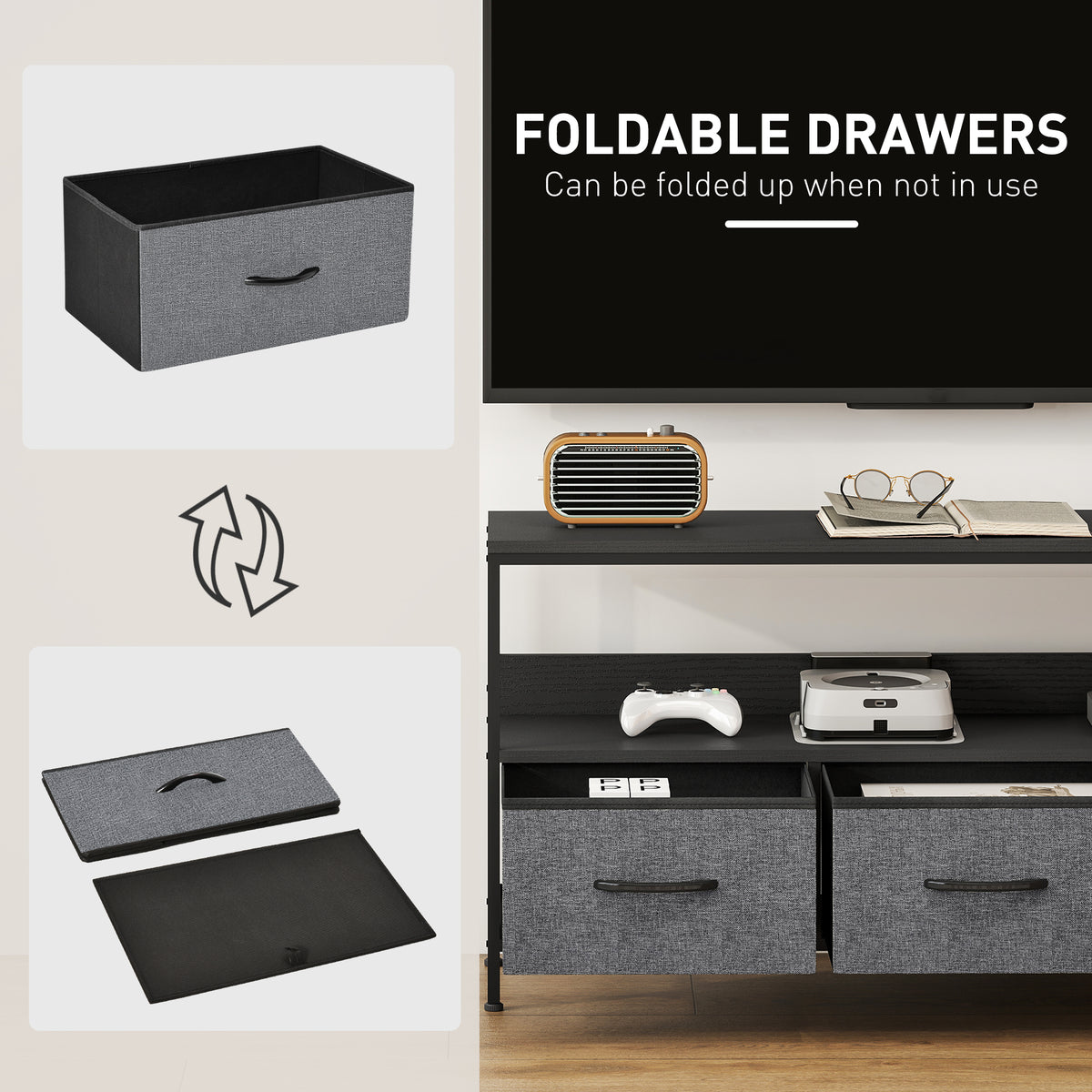 TV Stand with Charging Station, TV Table with 2 Foldable Linen Drawers and Open Shelf for 47 Inch – view 17
