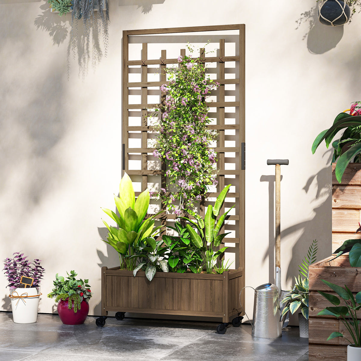 Wooden Planter with Trellis, Raised Garden Bed with Wheels, Drainage Holes for Climbing Plants, Flowers, Brown