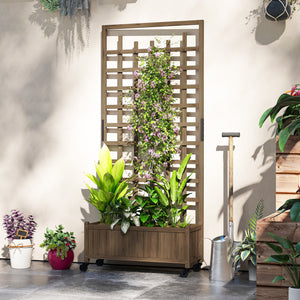 Wooden Planter with Trellis, Raised Garden Bed with Wheels, Drainage Holes for Climbing Plants, Flowers, Brown