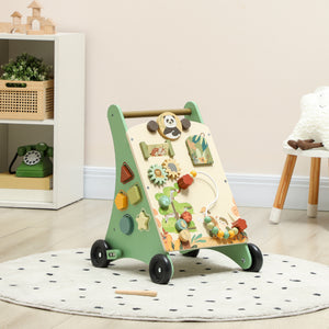 Qaba Wooden Baby Walker, Push Along Walker Toys with Speed Control, Xylophone, gears and Bead Maze, Green