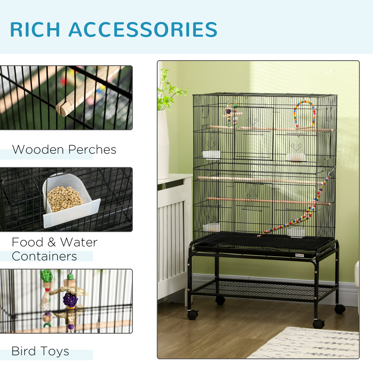 52" Bird Cage with Rolling Stand, Toys, for Budgies Canaries Black – view 4