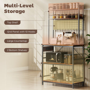 Kitchen Baker's Rack with Power Outlet and LED Light, 5-Tier Coffee Bar Station with 10 Hooks, Grey – view 12