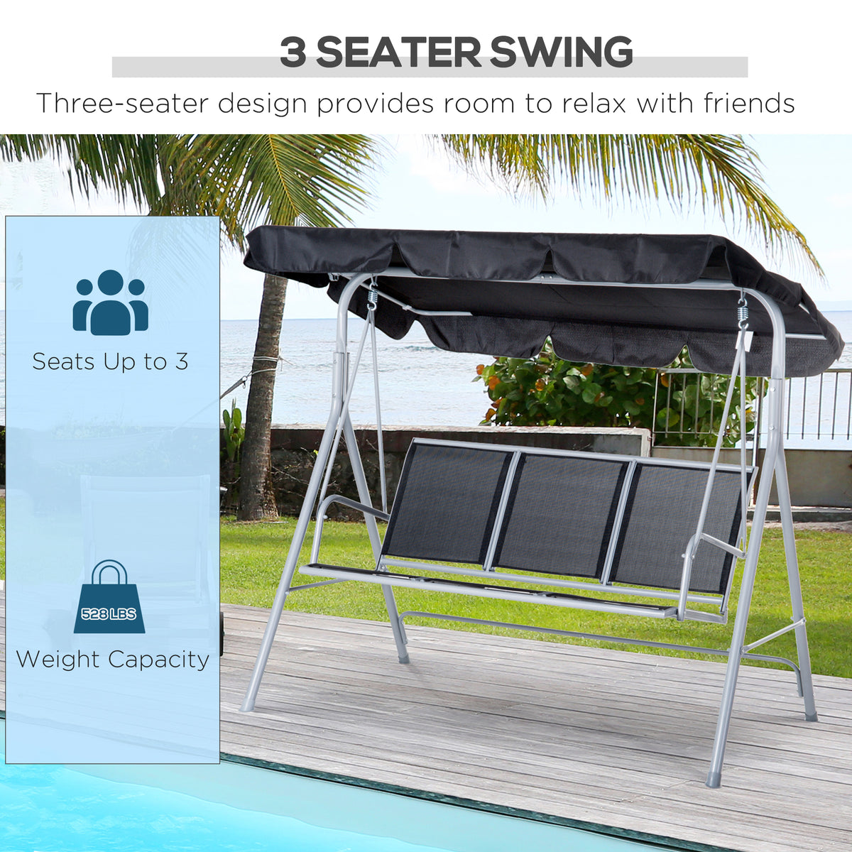 3-Seater Patio Swing, Outdoor Swing Chair, A Frame Porch Swing with Canopy Garden Hammock Glider Bed, Black – view 6