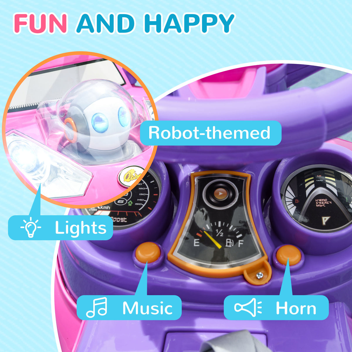 Qaba 3 in 1 Kids Push Car Toddler Sliding Car, Foot to Floor Design with Music, Light, Handle, Removable Canopy