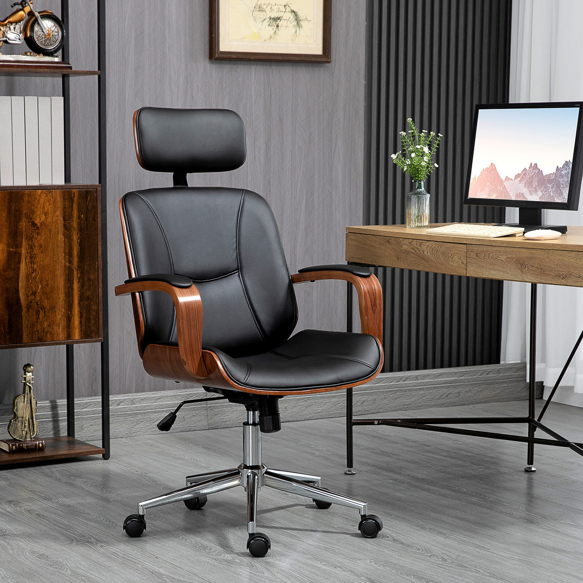 Office Chair, PU Leather Desk Chair with Removable Headrest, Adjustable Height, Tilt Function and with Wheels, Black