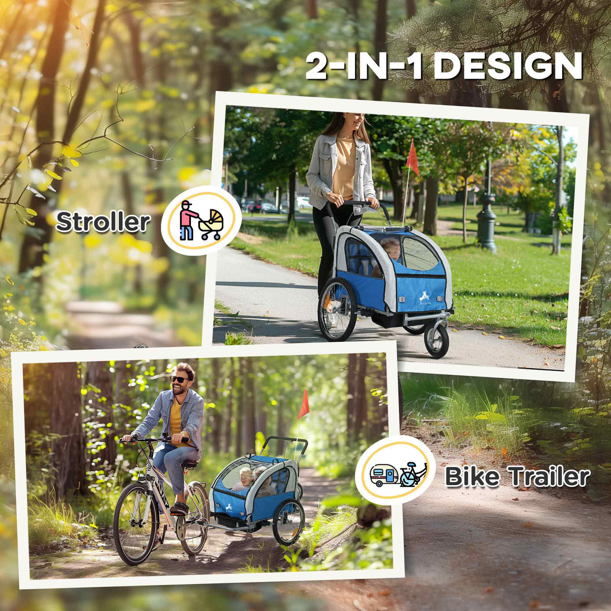 Aosom 2-in-1 Bike Trailer for Kids, Foldable 2-Seat Baby Stroller with 5-Point Harness, Rubber Wheels, Storage Bag