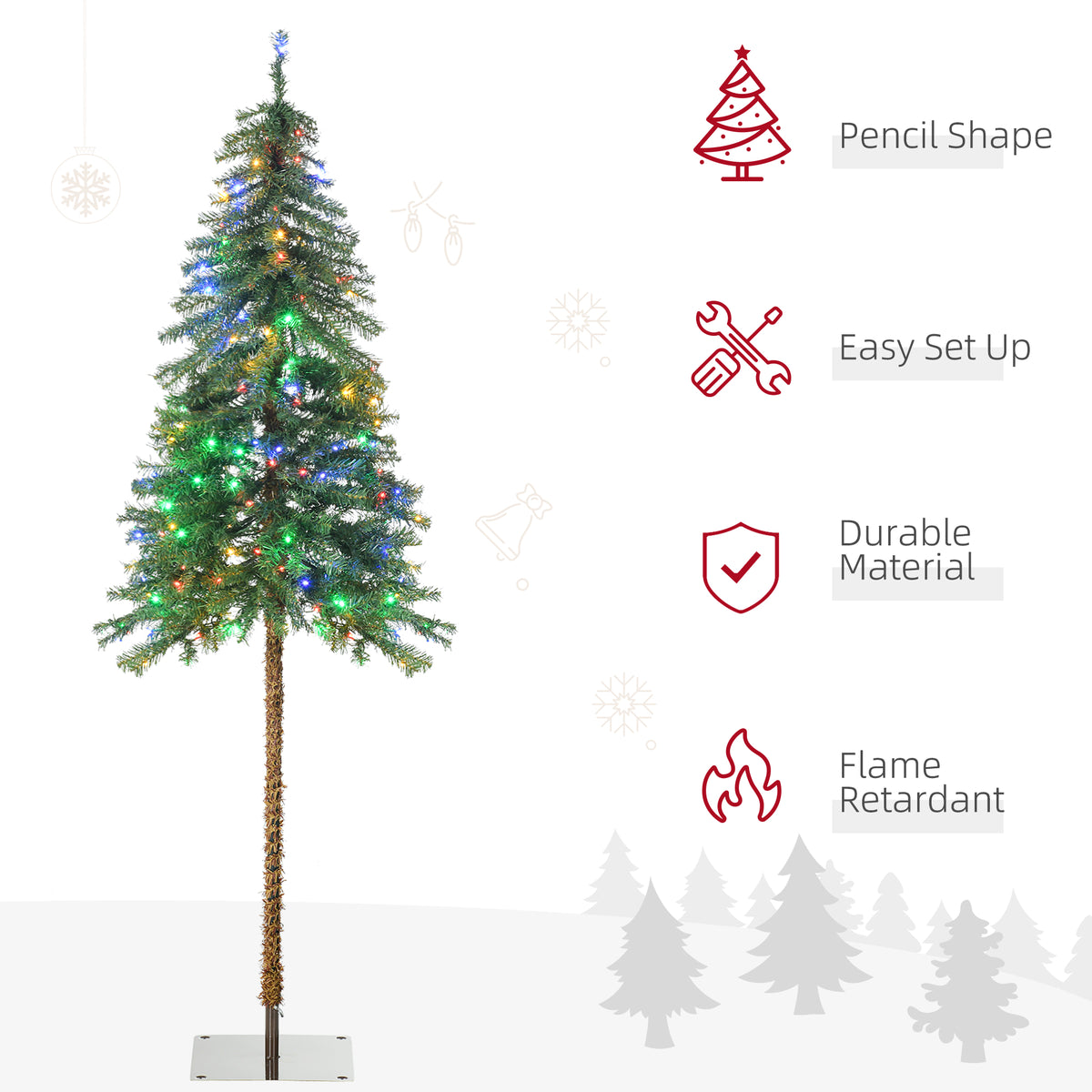 6' Artificial Christmas Tree with Warm White or Colourful LED Lights, Pencil Shape, Steel Base