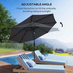 8.8 ft Solar Powered Outdoor Patio Umbrella Round Market Table Umbrella with Adjustable LED Lights Tilt Crank Dark Grey