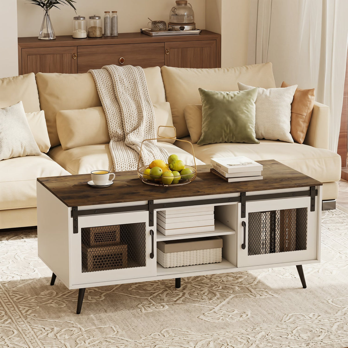 Farmhouse Coffee Table with Sliding Doors Rectangular with Adjustable Shelf-Rustic Brown view 2