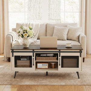 Farmhouse Coffee Table with Sliding Doors Rectangular with Adjustable Shelf-Rustic Brown view 3