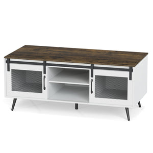 Farmhouse Coffee Table with Sliding Doors Rectangular with Adjustable Shelf-Rustic Brown