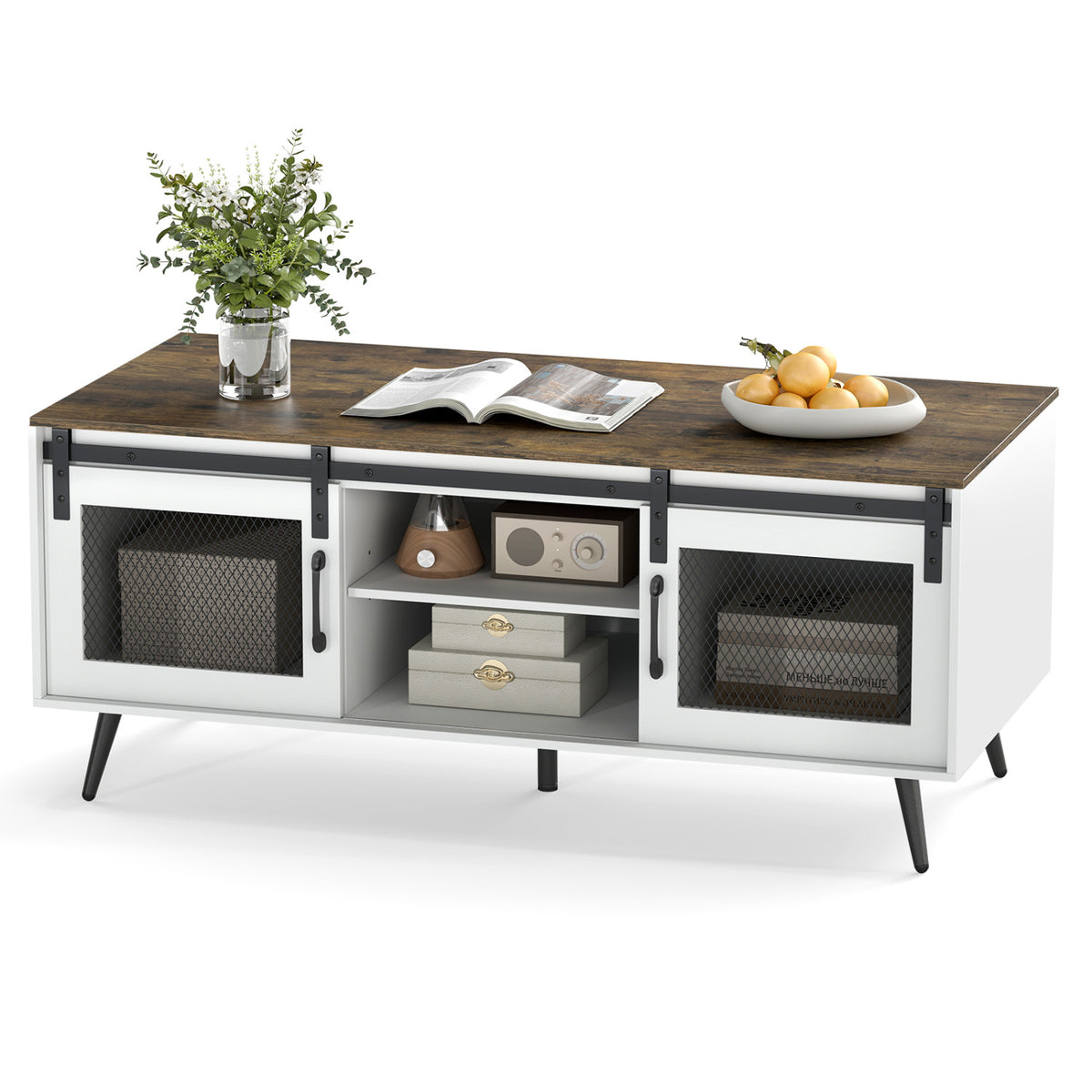 Farmhouse Coffee Table with Sliding Doors Rectangular with Adjustable Shelf-Rustic Brown view 4