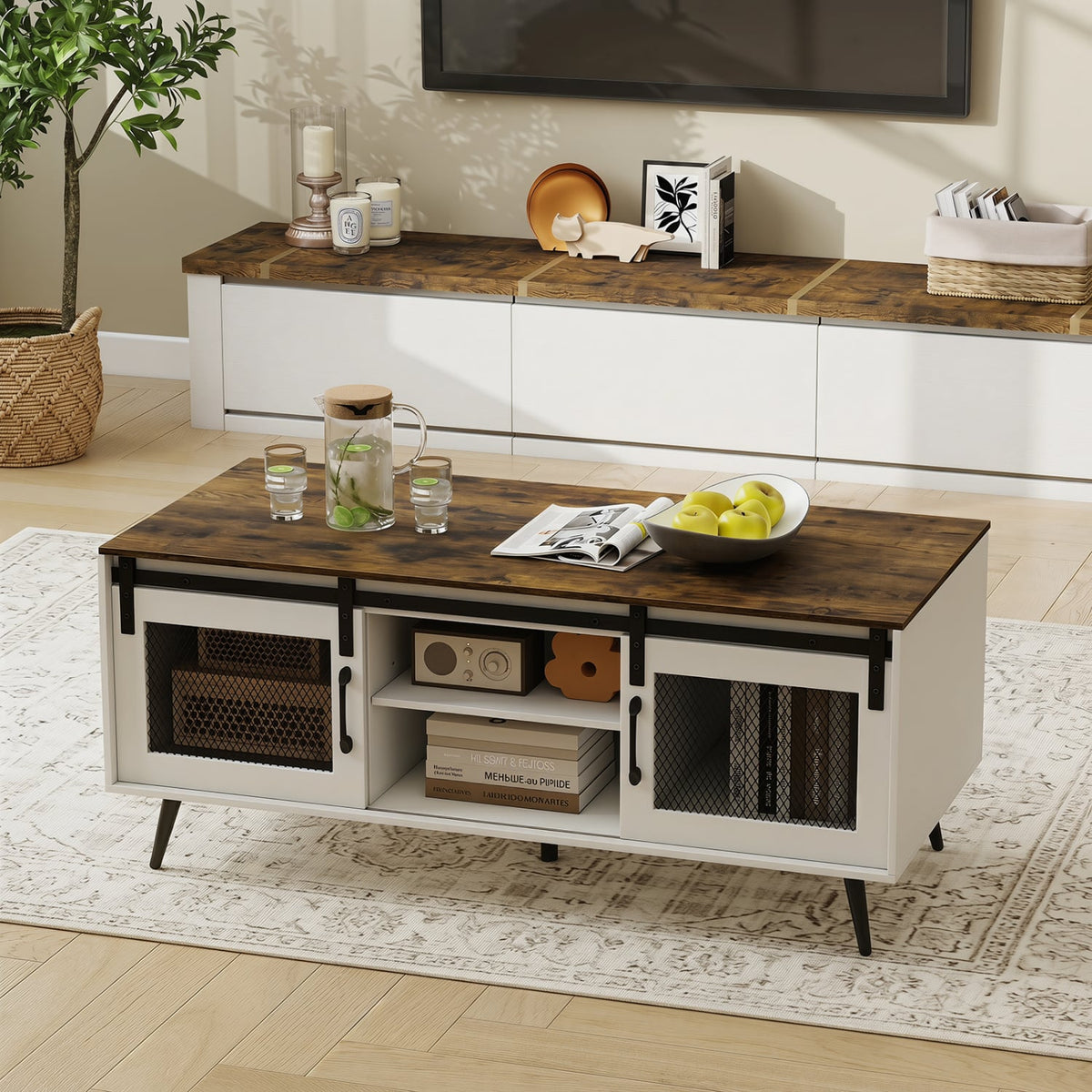 Farmhouse Coffee Table with Sliding Doors Rectangular with Adjustable Shelf-Rustic Brown view 6