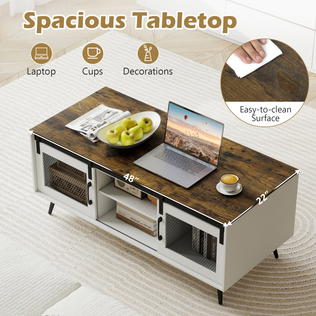 Farmhouse Coffee Table with Sliding Doors Rectangular with Adjustable Shelf-Rustic Brown view 7