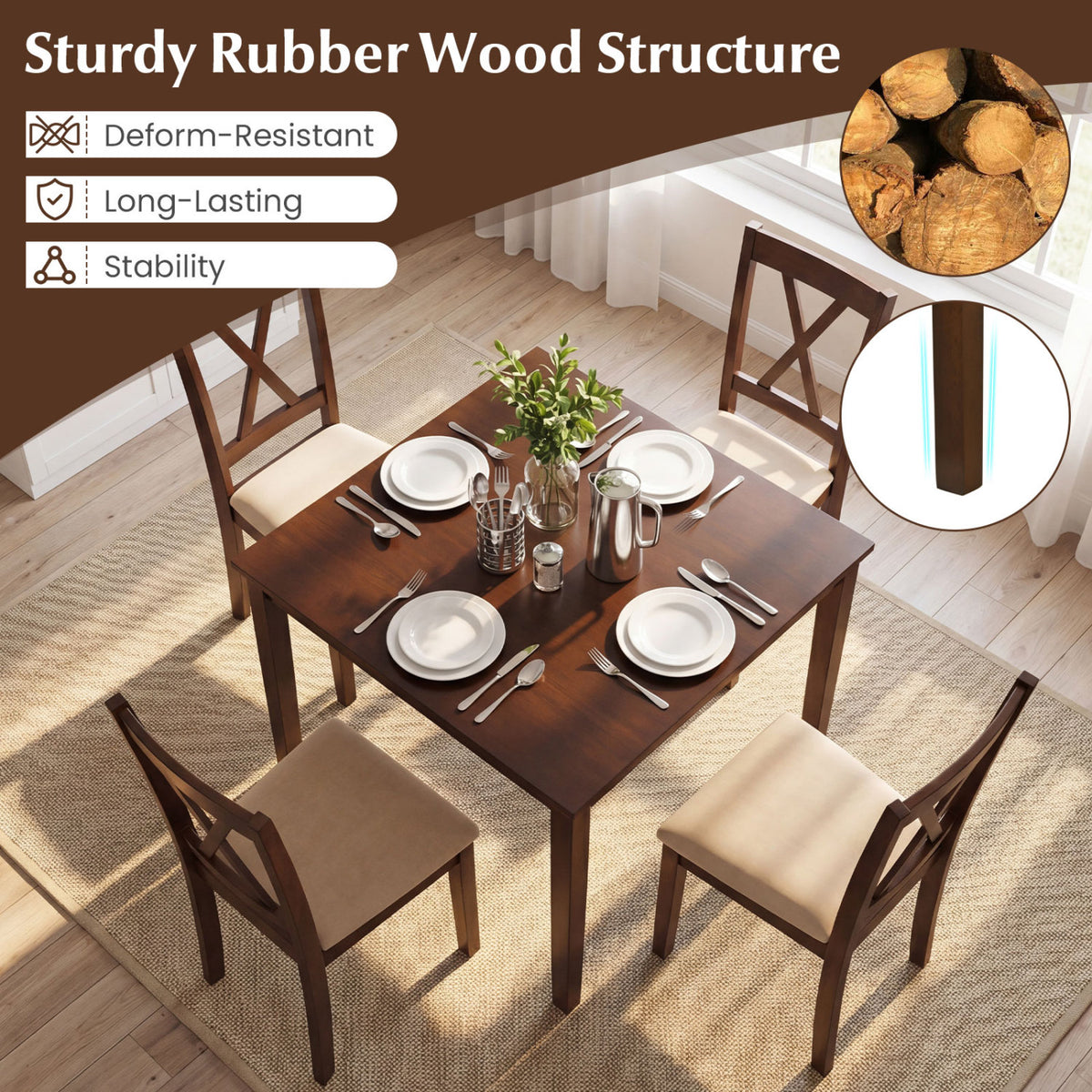 Farmhouse Dining Table for 4 People 35 Inches Square Kitchen Table-Walnut view 7