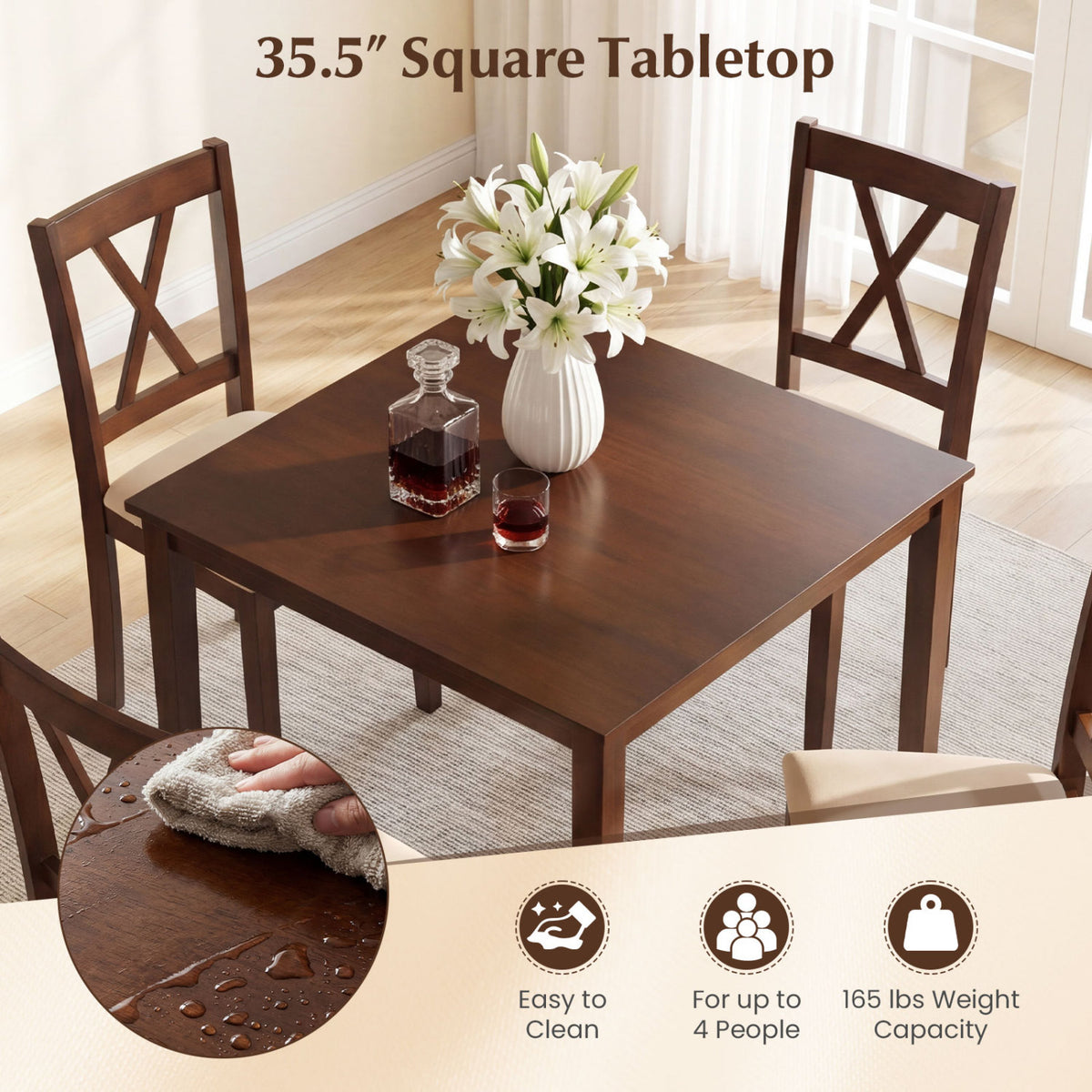 Farmhouse Dining Table for 4 People 35 Inches Square Kitchen Table-Walnut view 8