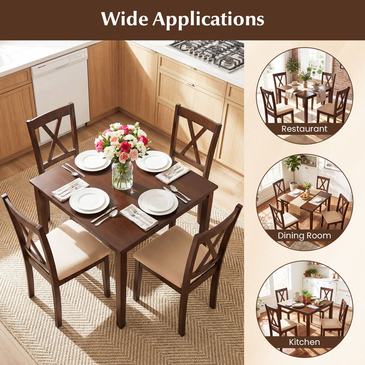 Farmhouse Dining Table for 4 People 35 Inches Square Kitchen Table-Walnut view 9