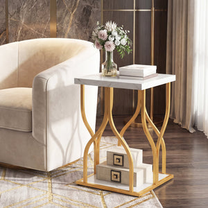 Faux Marble Bedside Night Stand with Petal-Inspired Metal Frame-White view 3