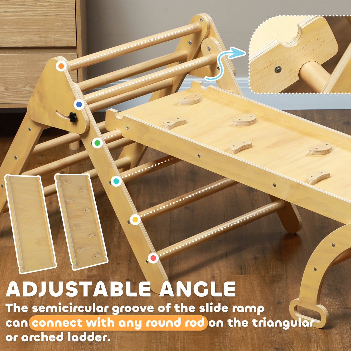 5 in 1 Pikler Triangle Set with Ladder, Ramp, Arch, for 18-48 months, Nature Wood