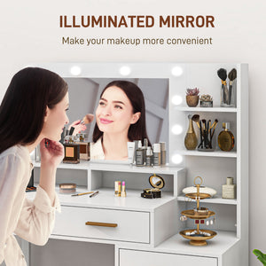 Illuminated Dresssing Table, LED Vanity Table with Mirror, Drawer and Storage Shelves for Bedroom, White