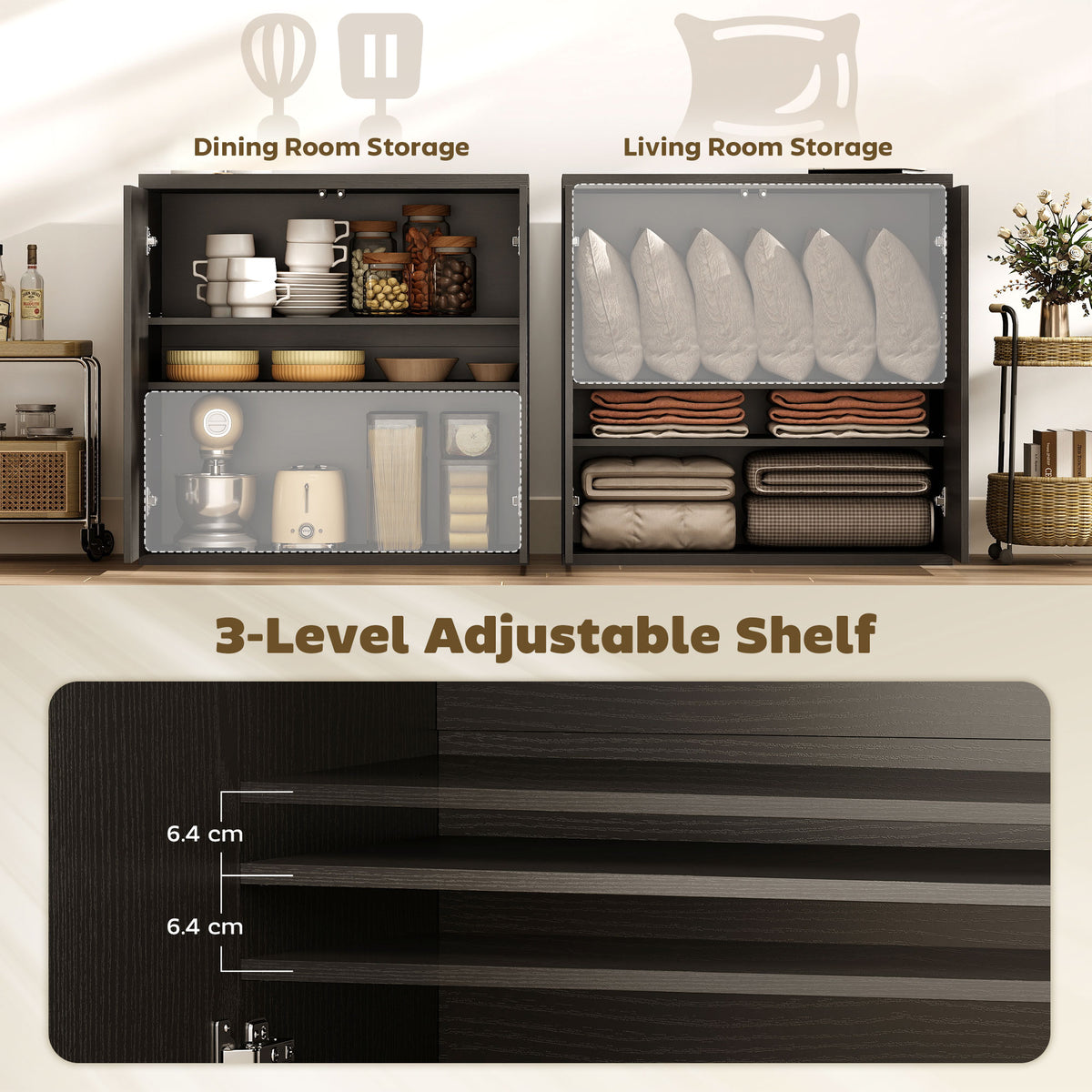 Sideboard Buffet Cabinet Set of 2, Kitchen Cabinet with Soft-Close Door and Adjustable Shelves, Distressed Black Grey