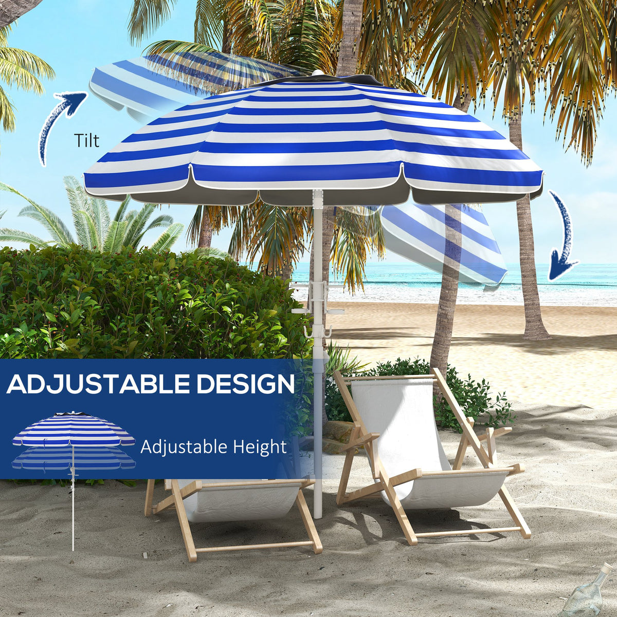 5.7' Beach Umbrella for Travel with Tilt, Adjustable Height, 2 Cup Holders, Hook, Vent, Ruffles, Blue and White