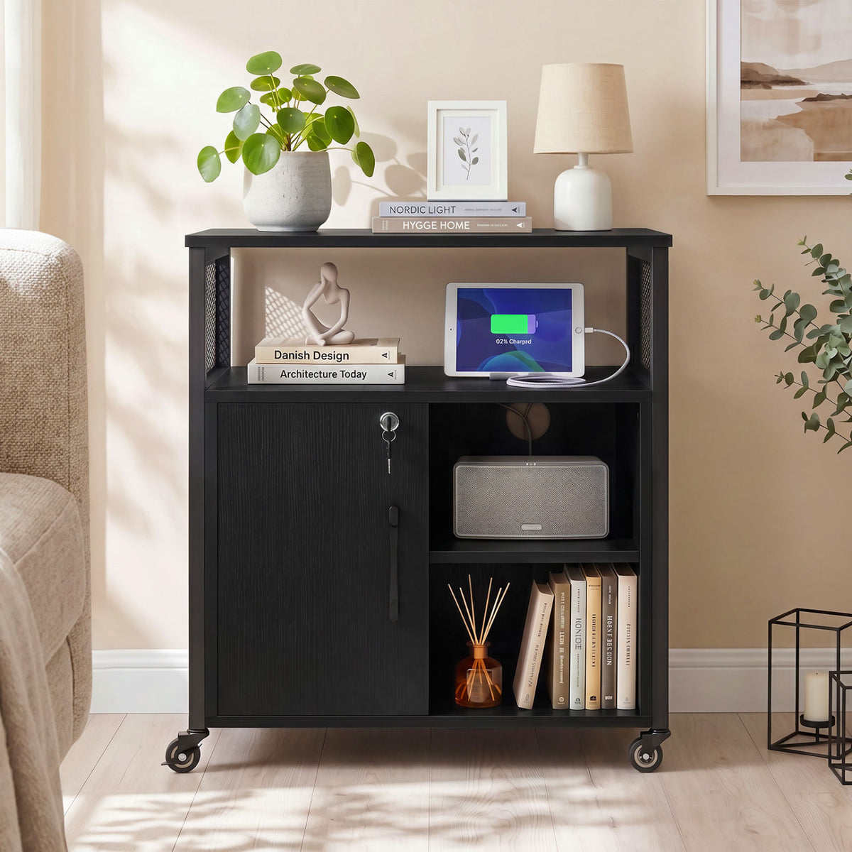 File Cabinet on Wheels with Charging Station and Cable Management Hole-Black view 3