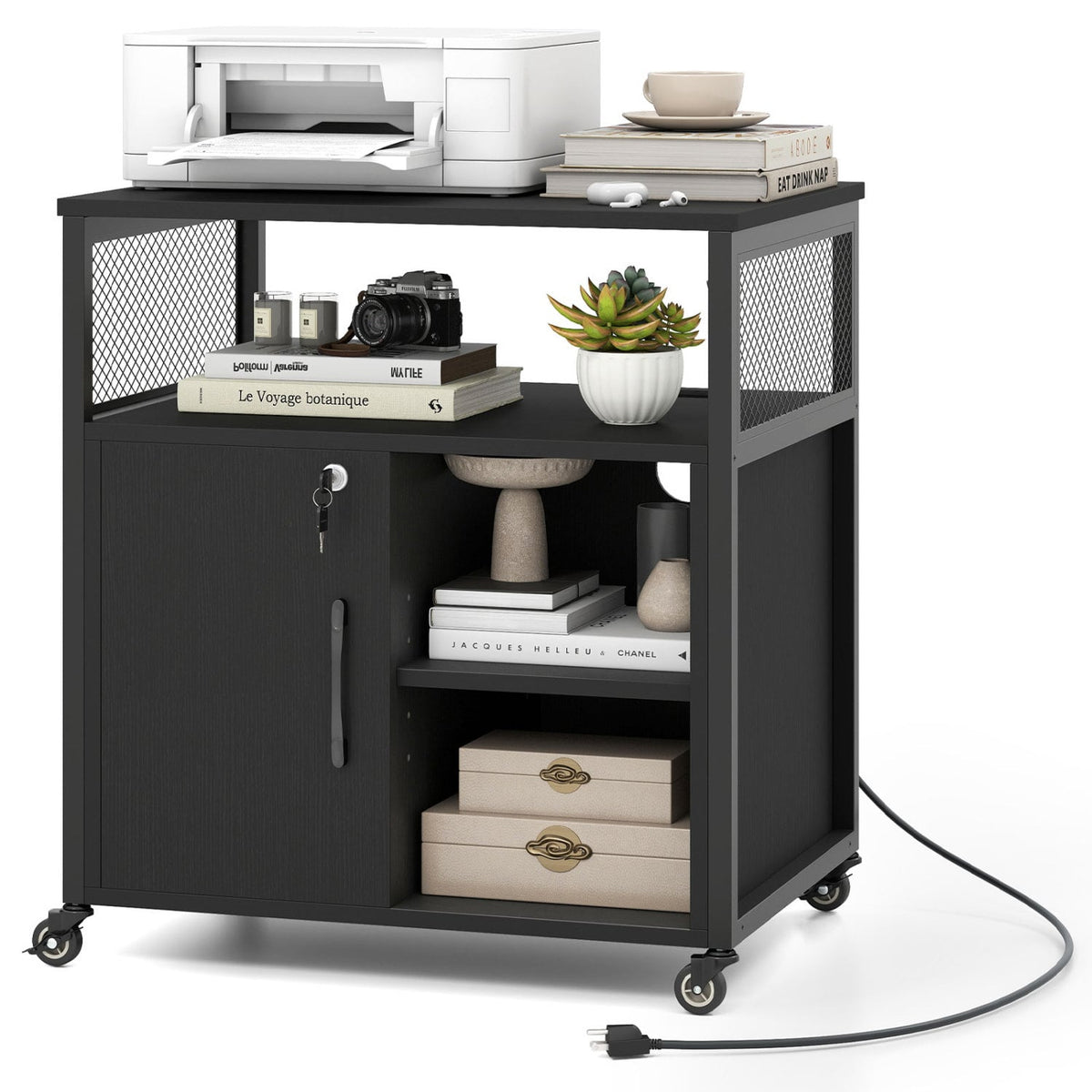 File Cabinet on Wheels with Charging Station and Cable Management Hole-Black view 4