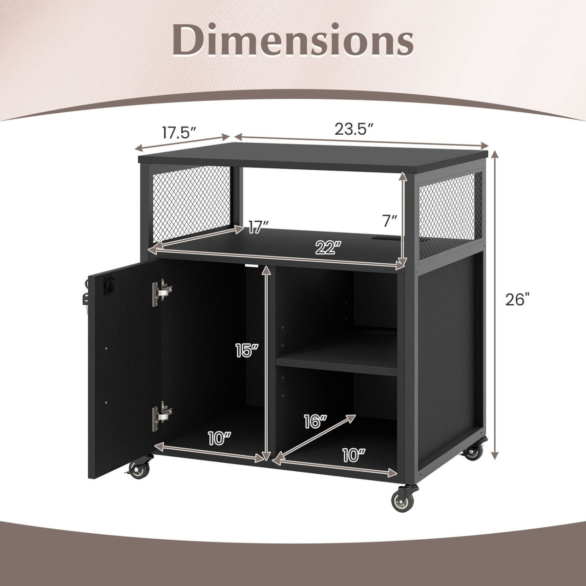 File Cabinet on Wheels with Charging Station and Cable Management Hole-Black view 5