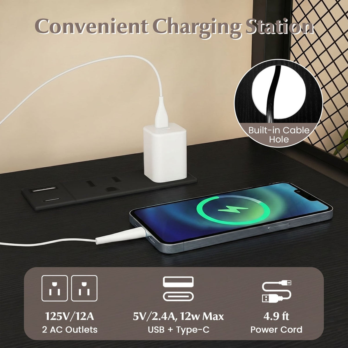 File Cabinet on Wheels with Charging Station and Cable Management Hole-Black view 6