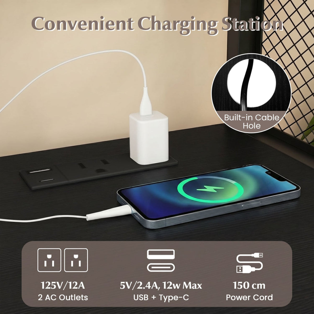 File Cabinet on Wheels with Charging Station and Cable Management Hole-Black view 8