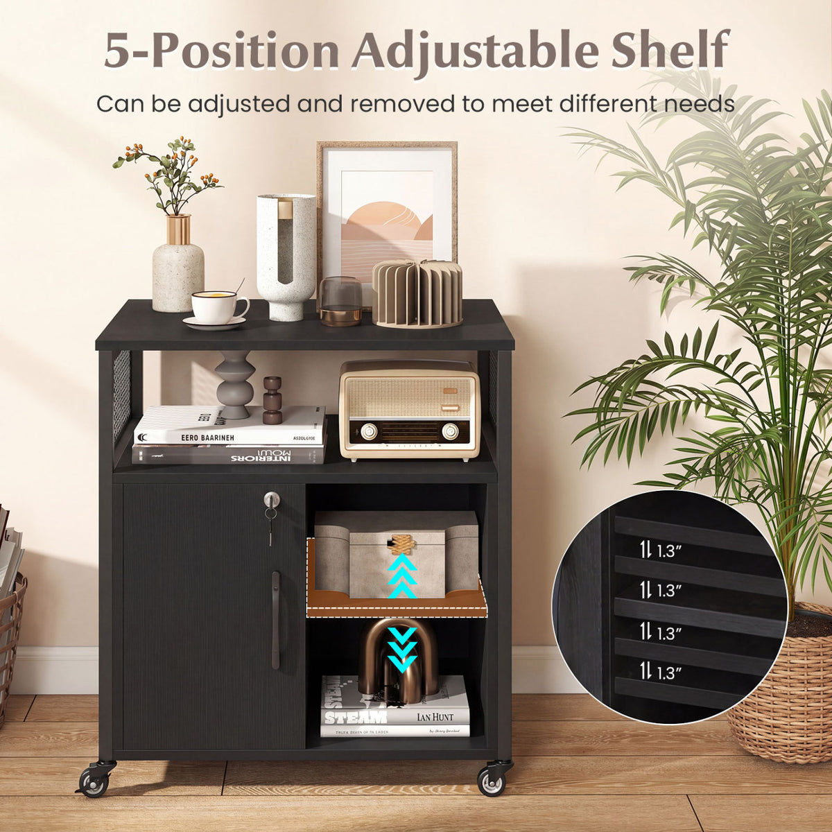 File Cabinet on Wheels with Charging Station and Cable Management Hole-Black view 9