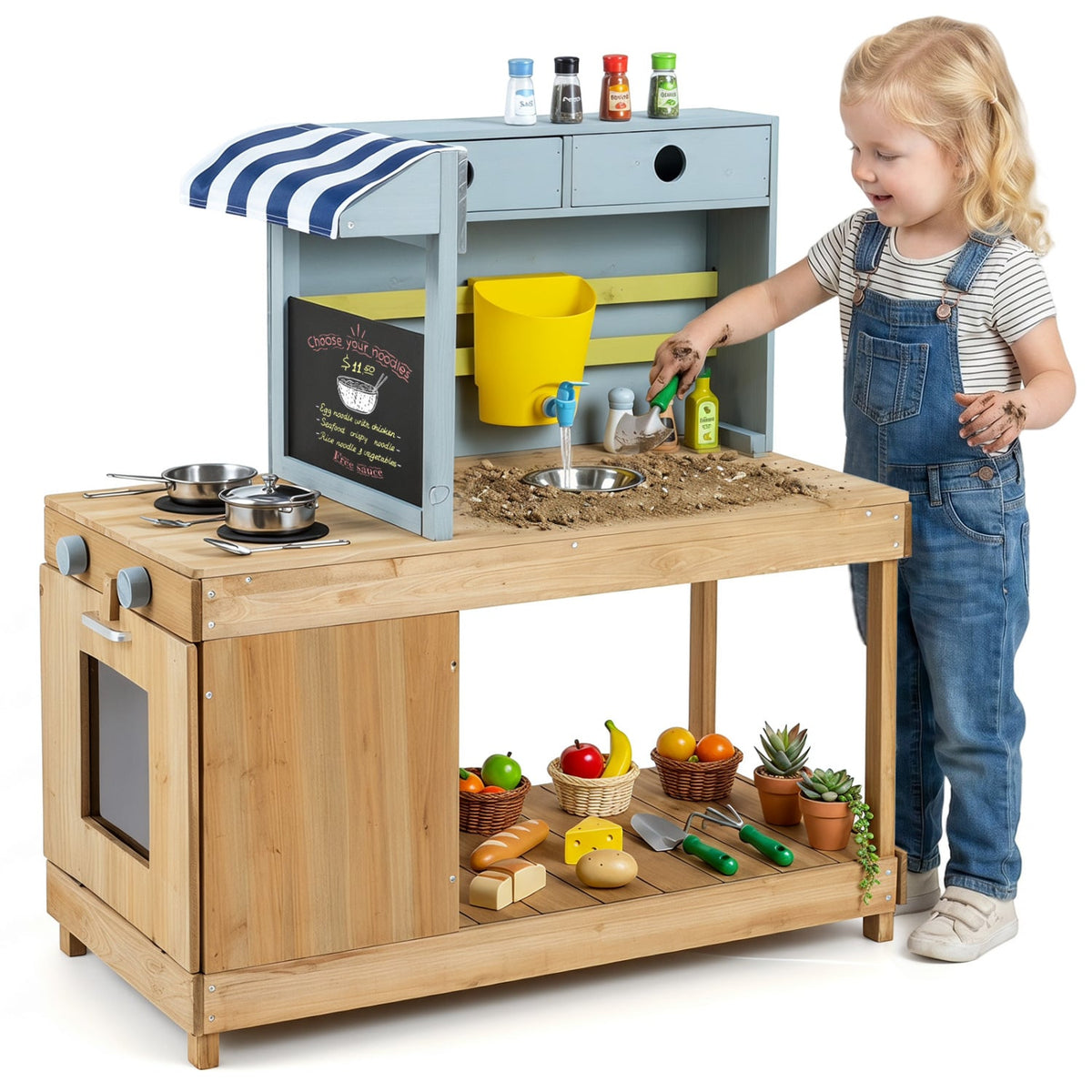Fir Wood Kids Kitchen Playset with Canopy and Faucet-Natural view 3